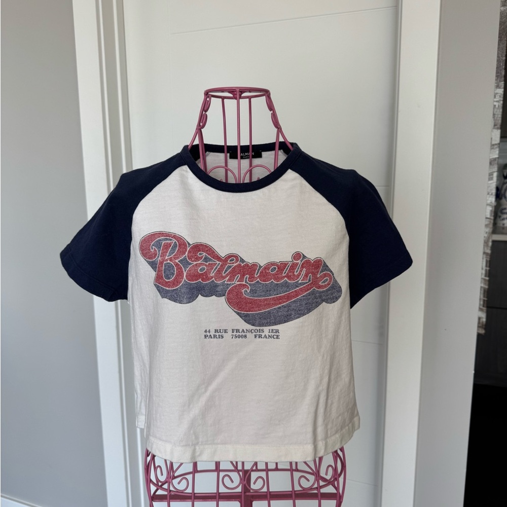Balmain White and Navy Logo Tee
